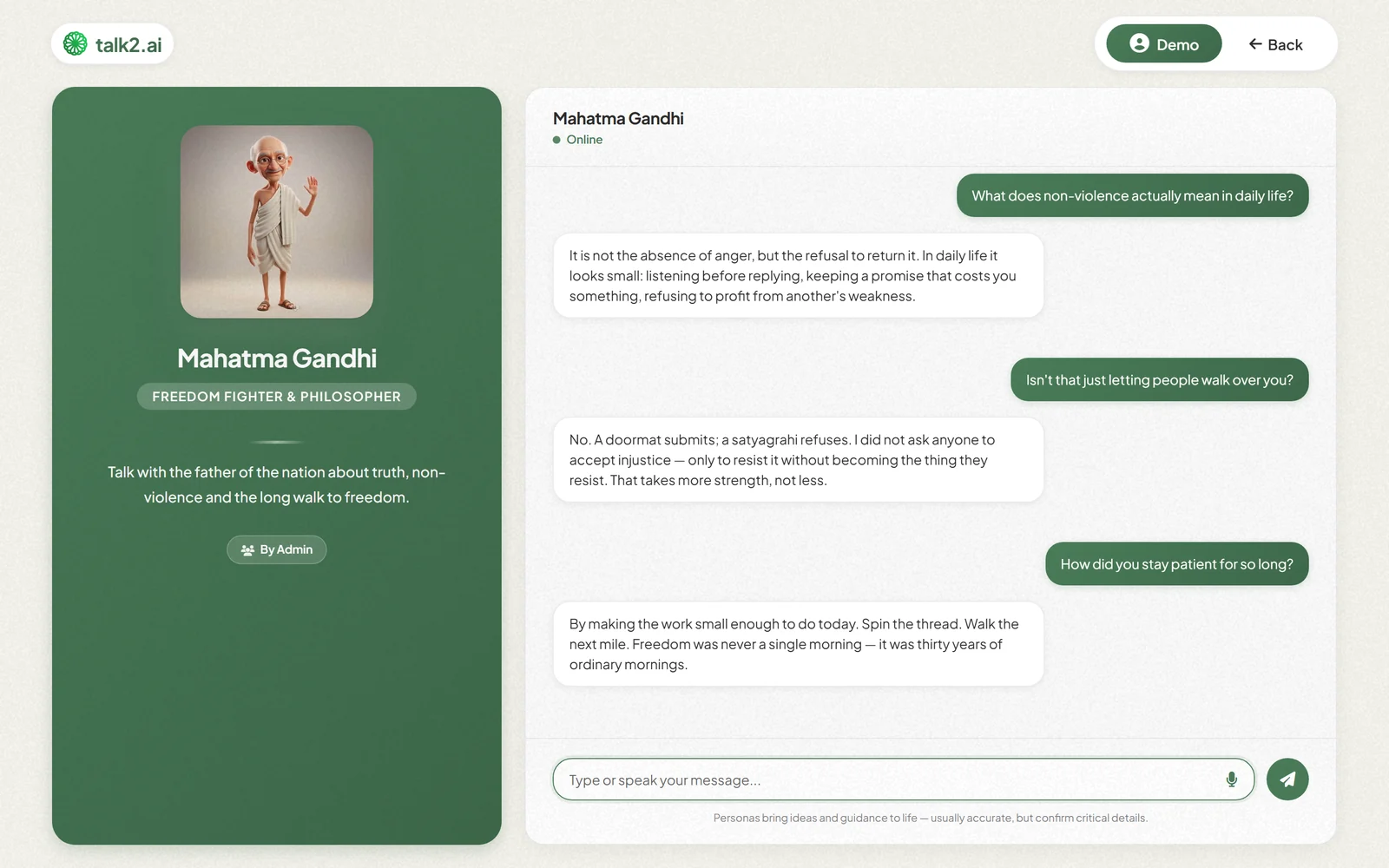 A talk2.ai persona mid-conversation, with its video avatar beside the thread