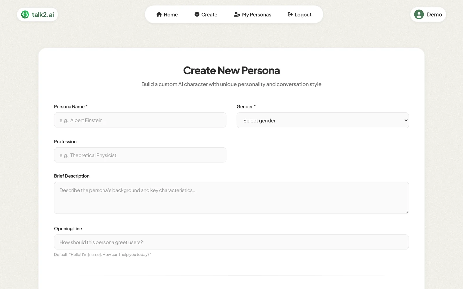 The persona creation form, identity fields above the ten-question personality survey