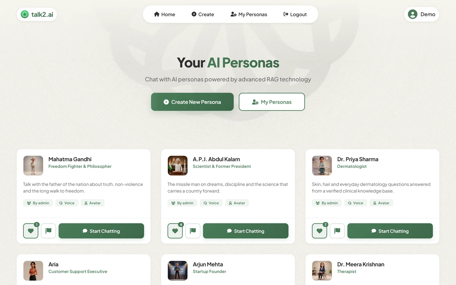 The persona gallery, each card marked with the voice and avatar it carries