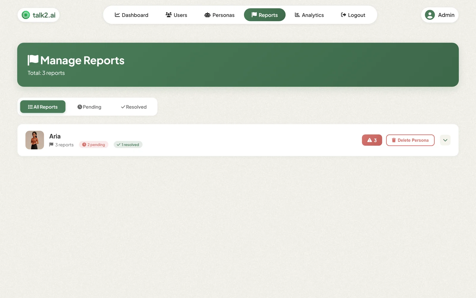 The admin moderation queue, grouping reports by persona with pending and resolved counts